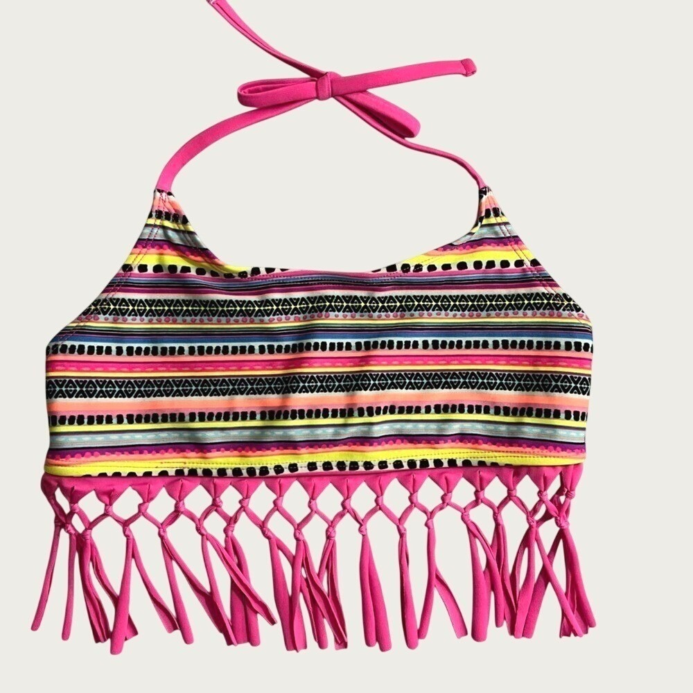 Cat & Jack Fringe Bikini Swim Top Girls Large Pink Colorful Stripes NWT